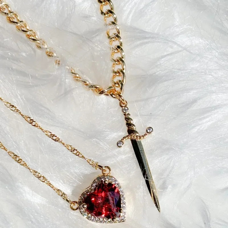 Heart & Sword Couple Necklace – 18K Gold Plated Stainless Steel Zircon Jewelry Set