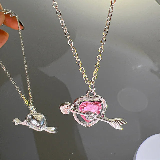 Y2K Pink Planet Heart Zircon Pendant Necklace – Aesthetic Clavicle Jewelry for Women