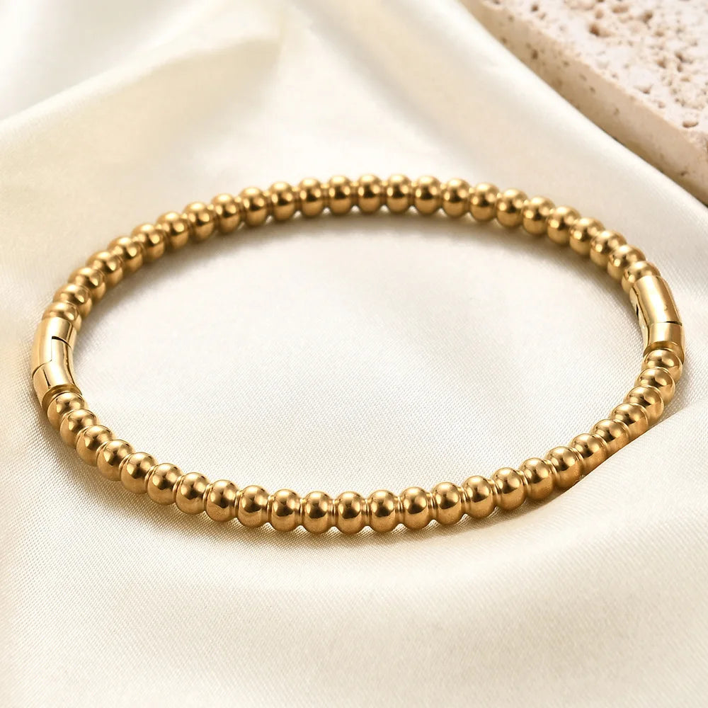 Stainless Steel Golden Bead Bracelet – Adjustable Women’s Fashion Jewelry