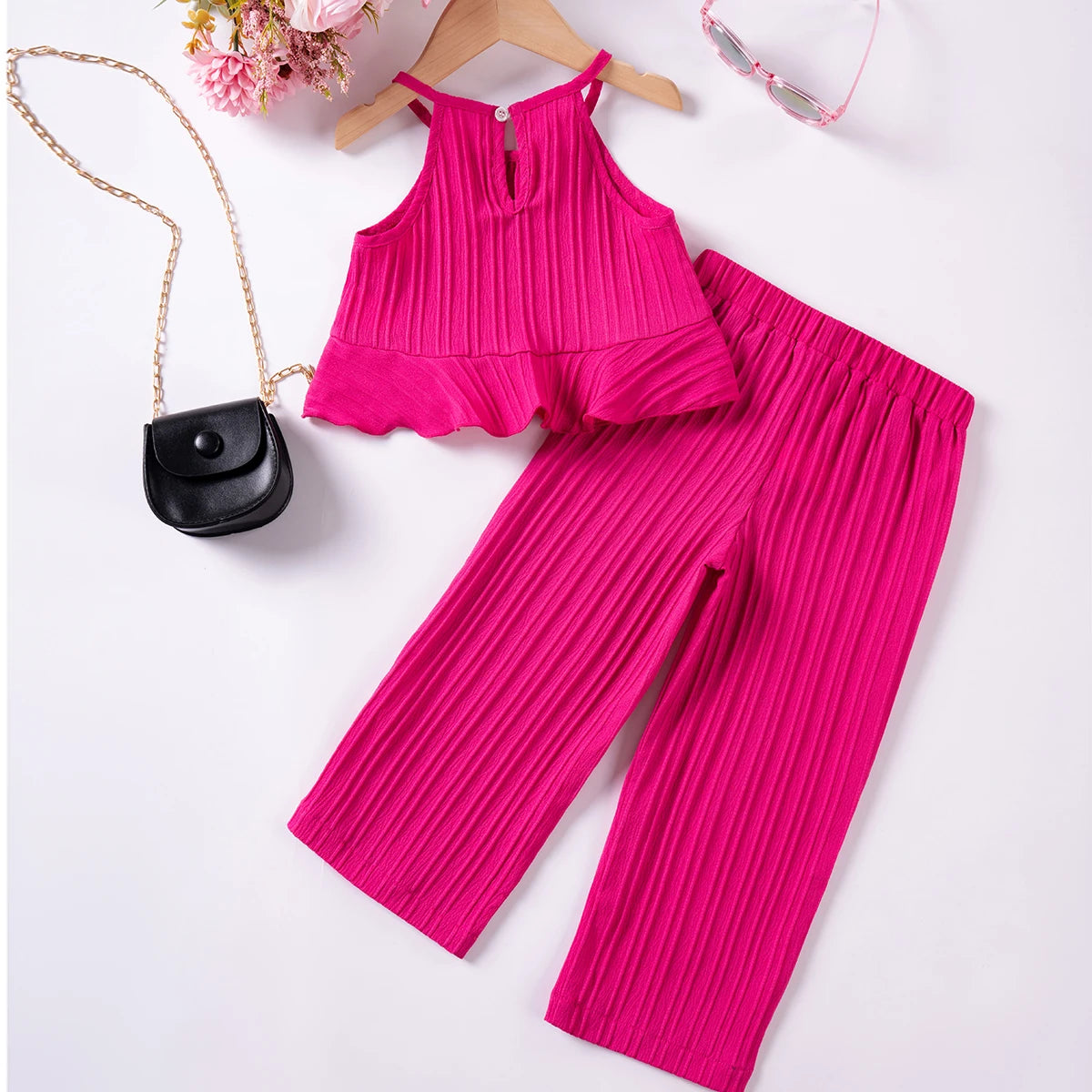 Girls Solid Color Suspenders Dress Set – Ruffles Top & Wide Leg Pants, Elegant Summer Outfit