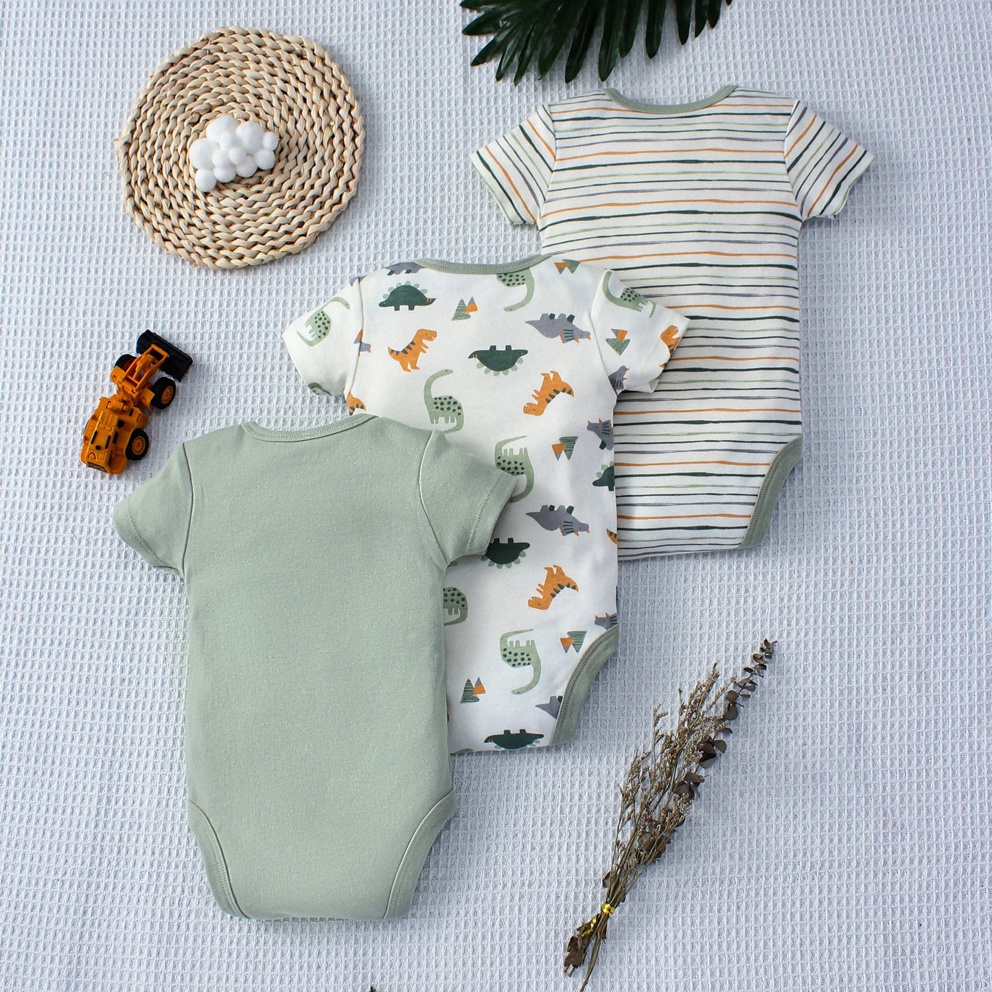 3PCS Summer Baby Bodysuit Set – Dinosaur & Stripe Pattern for Boys 0-9 Months
