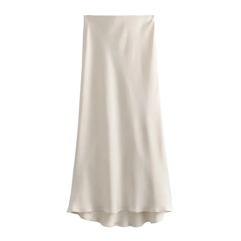 MUJER 2025 Satin High Waist Midi Skirt – Elegant Summer Office Skirt for Women