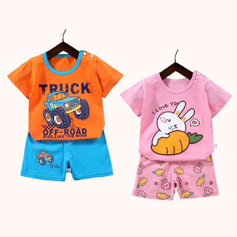 2PCS Mother & Kids Summer Cotton Sets – Short Sleeve T-Shirts & Shorts for Boys & Girls