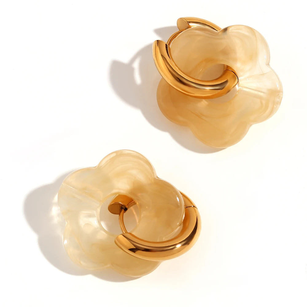 Colorful Resin Flower Hoop Earrings – Waterproof Stainless Steel Women’s Jewelry