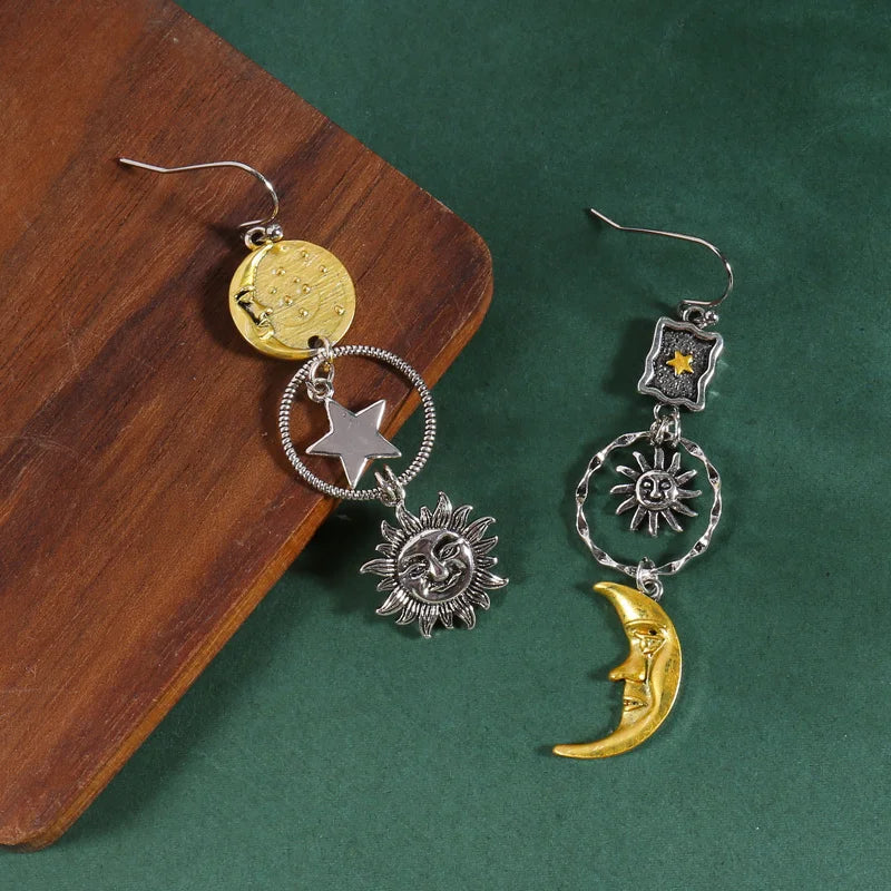 Greek Mythology Sun & Moon Face Earrings – Asymmetric Creative Pendant Jewelry for Women