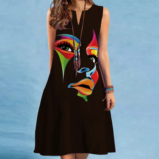 V-Neck Printed Dress – Sleeveless European Style Mid-Length