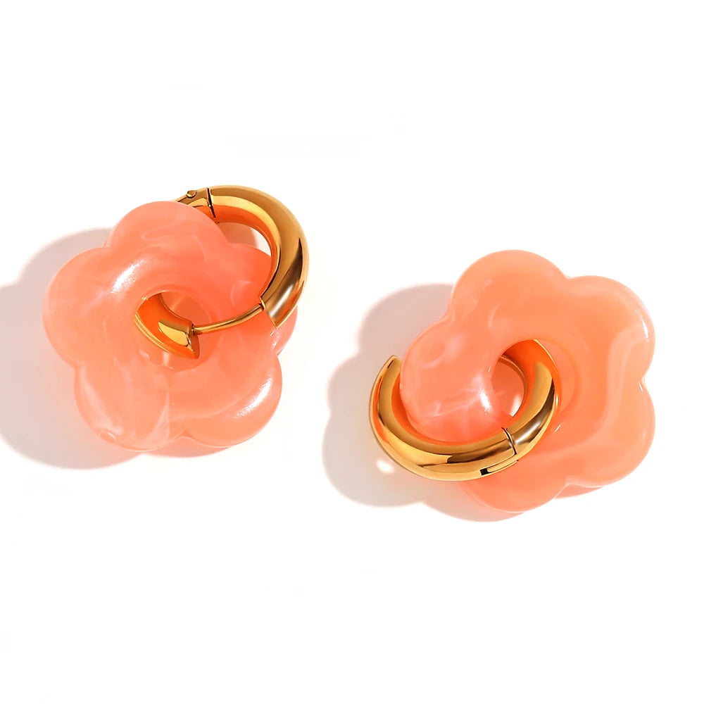 Colorful Resin Flower Hoop Earrings – Waterproof Stainless Steel Women’s Jewelry