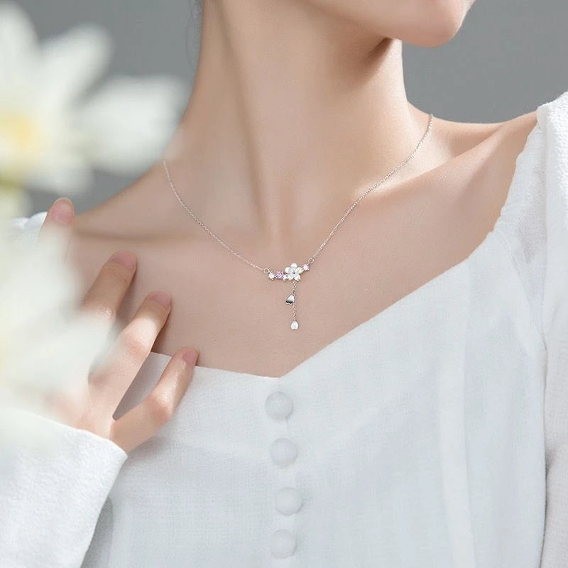 Cherry Blossom Flower Necklace – Crystal Butterfly Pearl Women’s Jewelry
