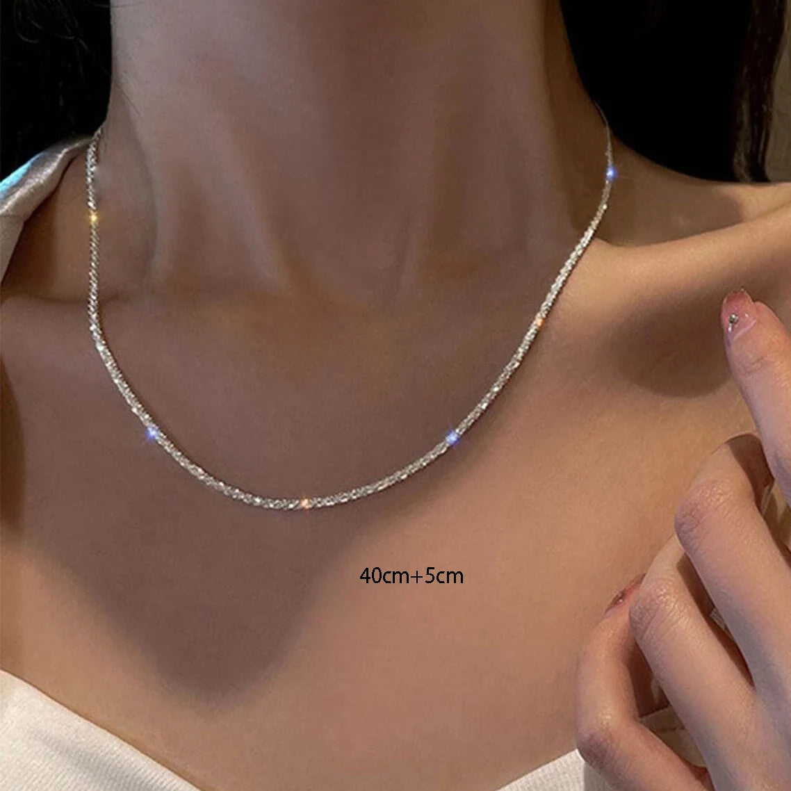 Silver Sparkling Clavicle Chain Necklace – Trendy Korean Wedding Party Jewelry for Women