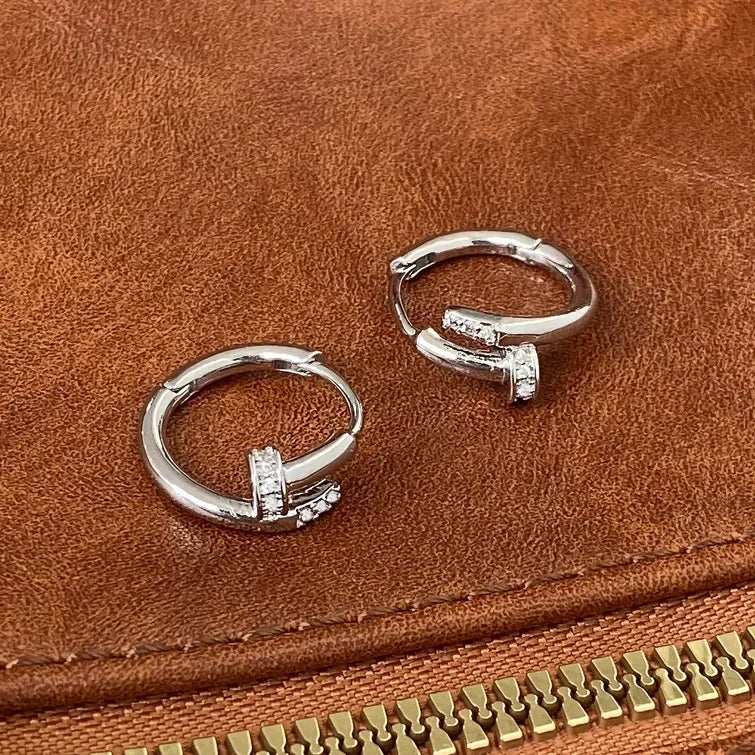 925 Sterling Silver Zircon Nail Hoop Earrings – Minimalist Trendy Jewelry for Women