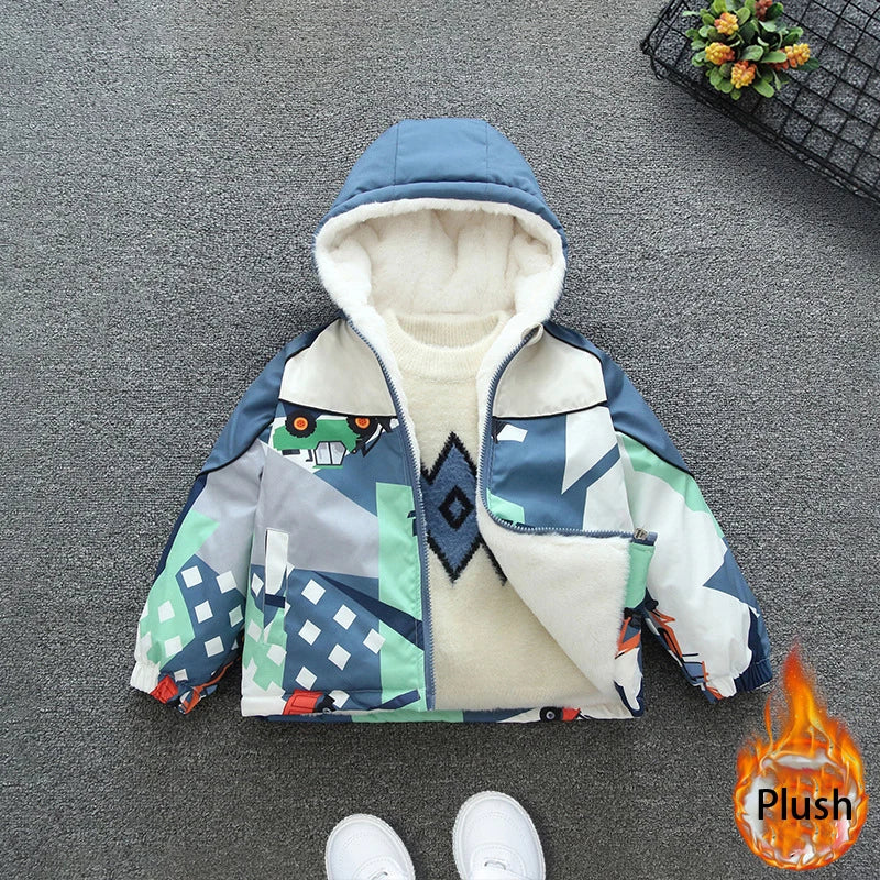 2025 Boys Cotton Coat – Kids Cartoon Car Print Hooded Warm Winter Parka Outerwear