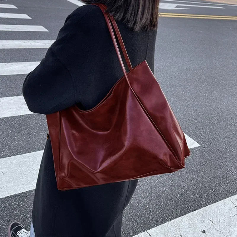 Women’s Retro PU Leather Tote – Large Soft Shoulder/Crossbody Bucket Bag