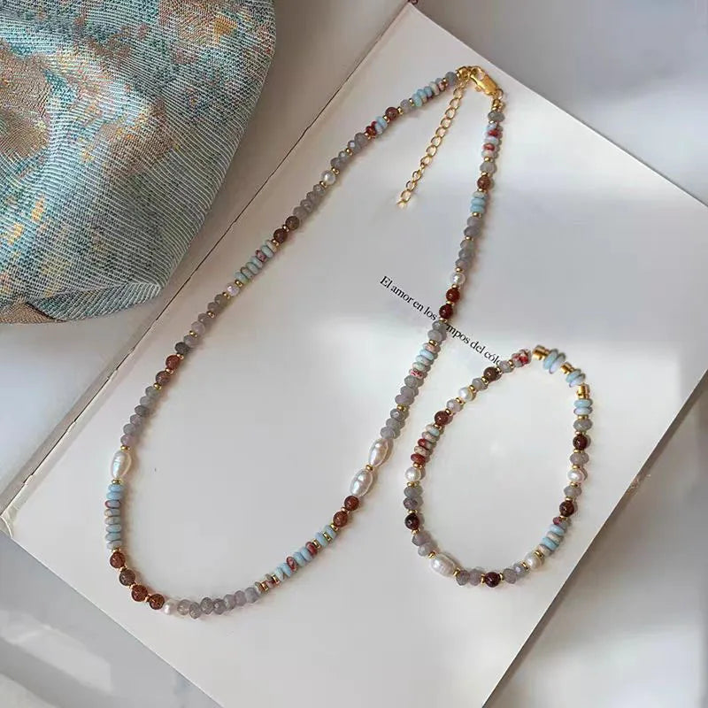 Handmade Woven Natural Stone & Pearl Pendant Necklace – Luxurious Women’s Jewelry