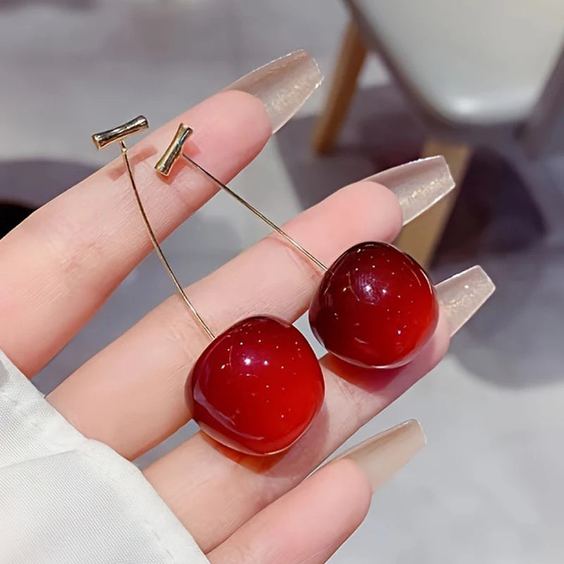 Red Cherry Drop Earrings – Delicate Women’s Korean Fashion Jewelry