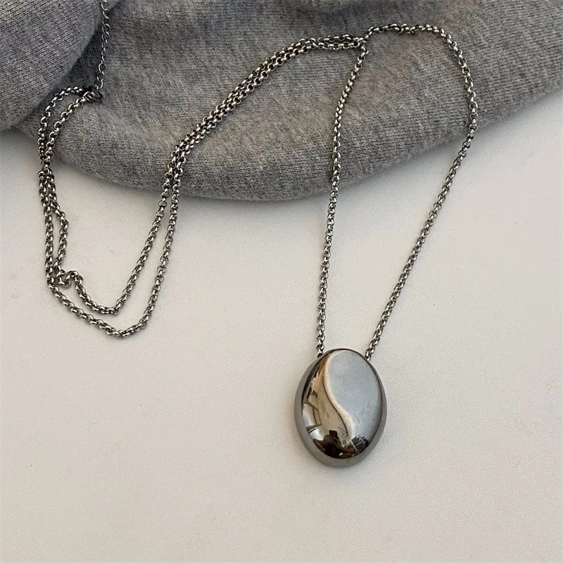 Large Geometric Oval Water Drop Pendant Necklace – Stainless Steel Long Sweater Chain for Women