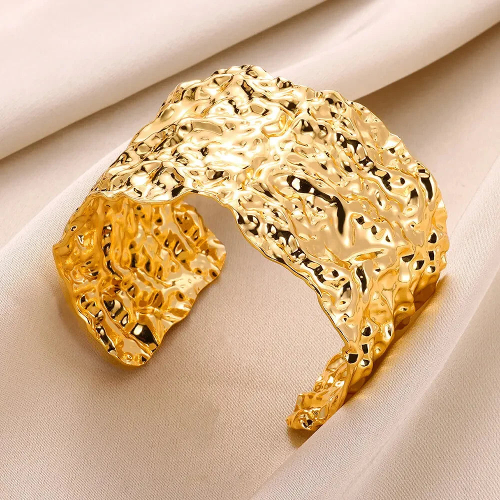 Gold Stainless Steel Cuff Bangle – Classic Bump Pattern Bracelet for Women