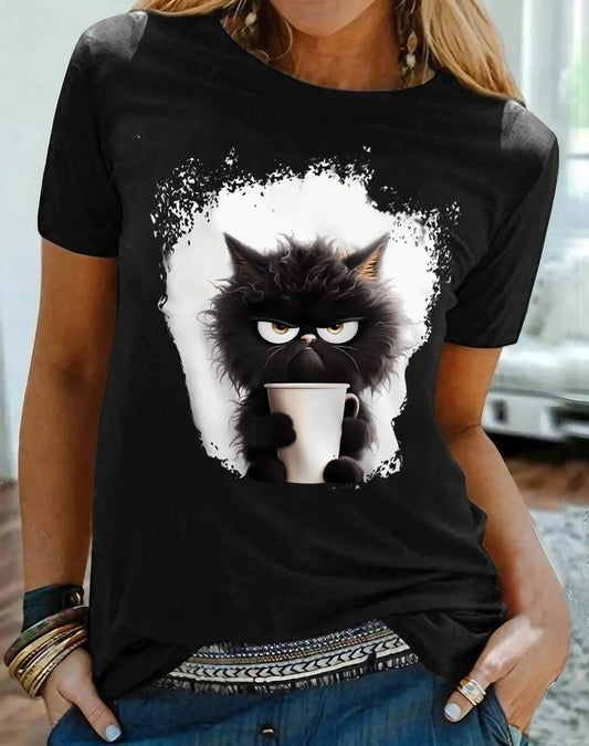 Women's Cat Print T-Shirt – Funny Casual Short Sleeve Tee