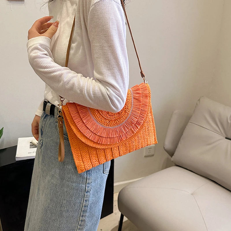Raffia Straw Woven Wrist Clutch & Shoulder Crossbody Bag – Handmade Summer Beach Purse for Women