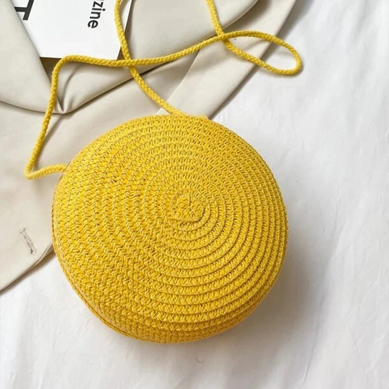 Round Straw Woven Beach Crossbody Bag – Cute Rattan Shoulder Handbag for Women