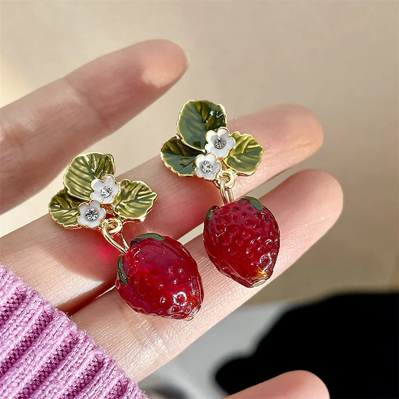 Red Strawberry Flower Drop Earrings – 3D Fruit Women’s Jewelry