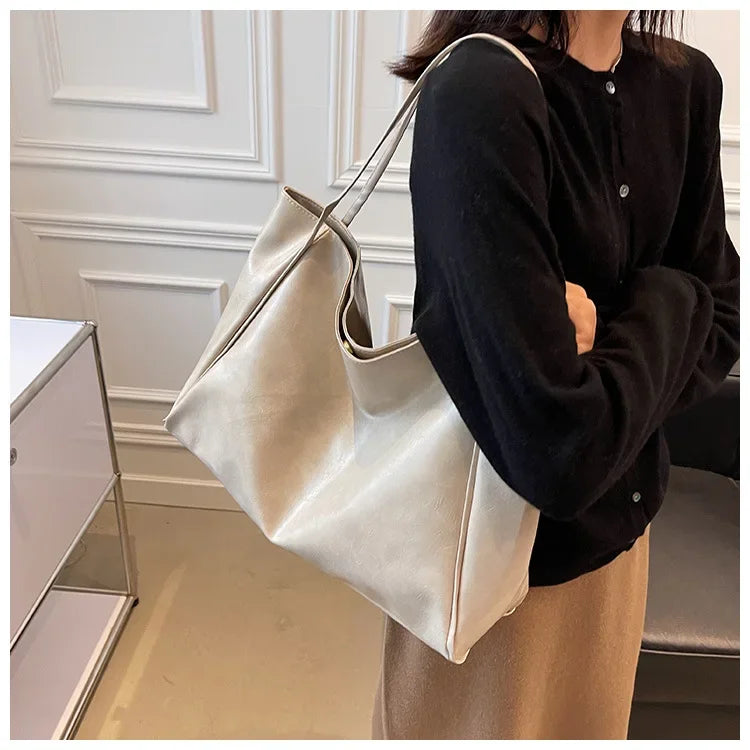 Women’s Retro PU Leather Tote – Large Soft Shoulder/Crossbody Bucket Bag