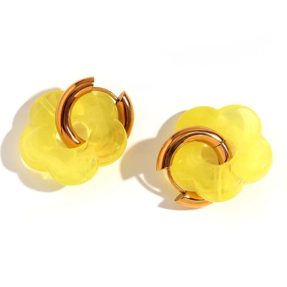 Colorful Resin Flower Hoop Earrings – Waterproof Stainless Steel Women’s Jewelry
