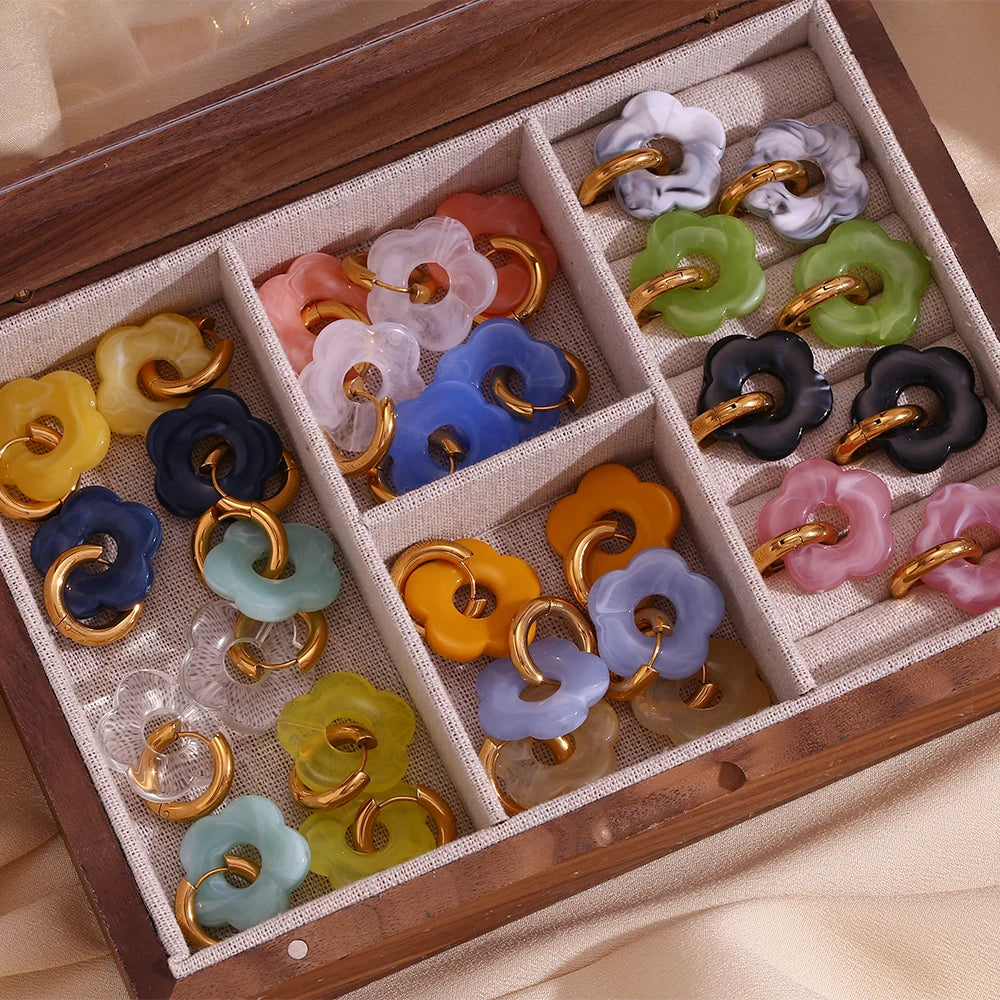 Colorful Resin Flower Hoop Earrings – Waterproof Stainless Steel Women’s Jewelry