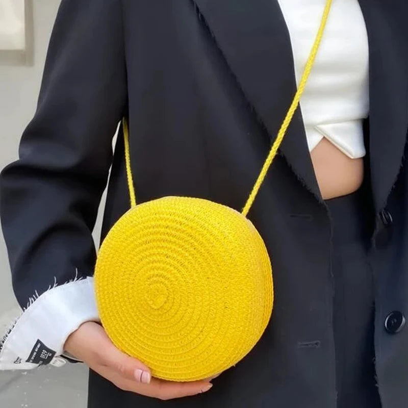 Round Straw Woven Beach Crossbody Bag – Cute Rattan Shoulder Handbag for Women