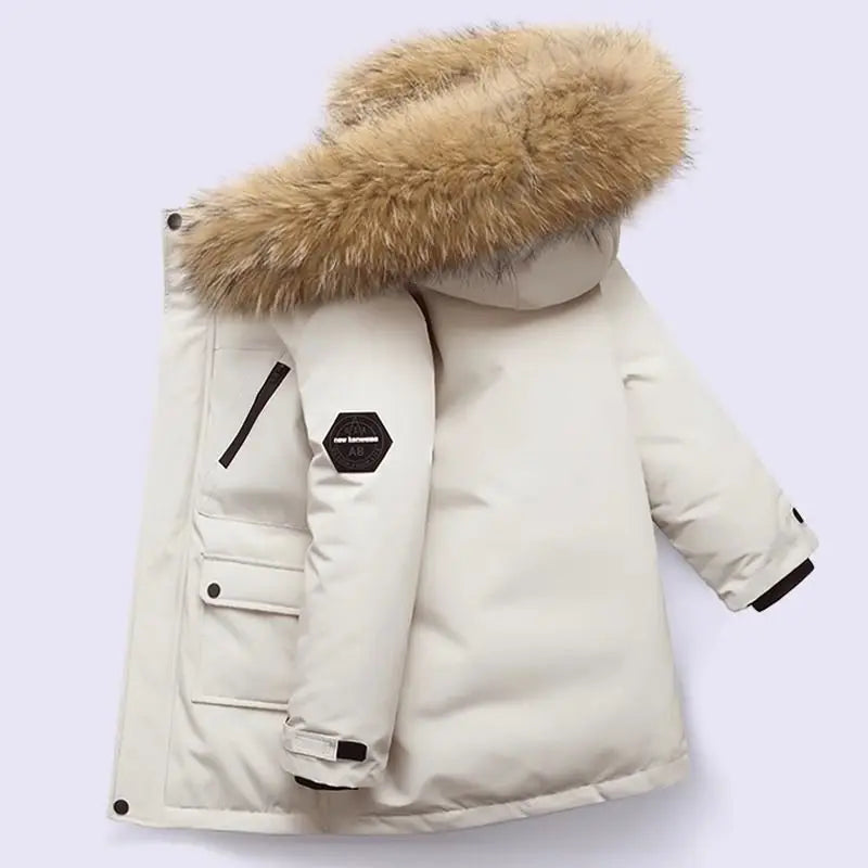 Winter Boys Hooded Jacket – Warm Thicken Fur Collar Zipper Outerwear 5–14Y