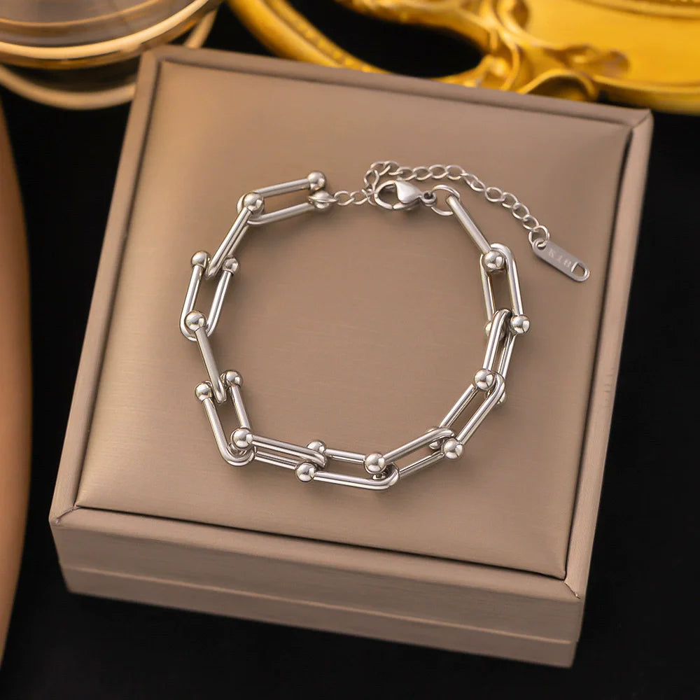 316L Stainless Steel U-Shape Thick Chain Jewelry Set – Necklace, Bracelet & Earrings for Wedding