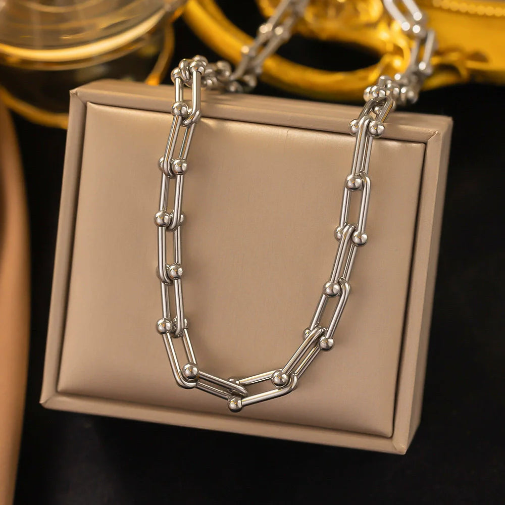 316L Stainless Steel U-Shape Thick Chain Jewelry Set – Necklace, Bracelet & Earrings for Wedding