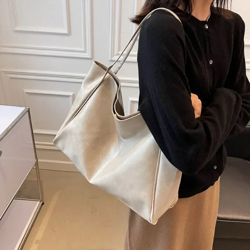 Women’s Retro PU Leather Tote – Large Soft Shoulder/Crossbody Bucket Bag