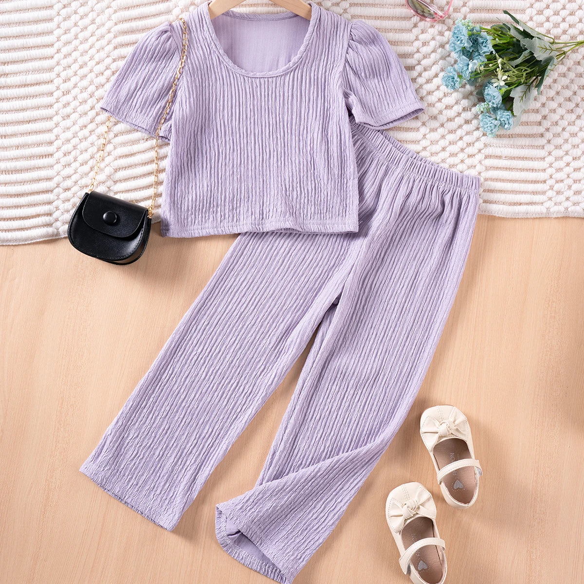 Girls Solid Color Suspenders Dress Set – Ruffles Top & Wide Leg Pants, Elegant Summer Outfit