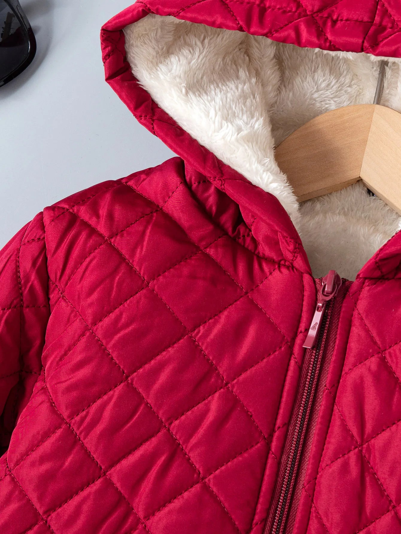 Kids Boys Teddy Lined Hooded Argyle Quilted Coat  Fleece Zipper Artificial Jacket