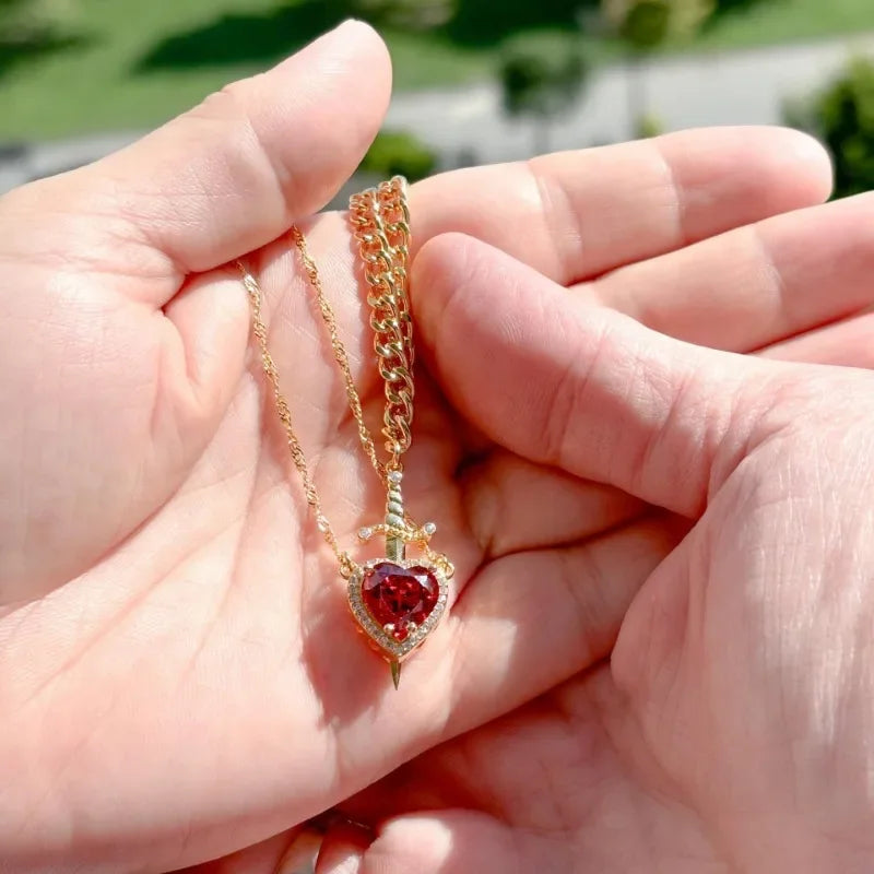 Heart & Sword Couple Necklace – 18K Gold Plated Stainless Steel Zircon Jewelry Set