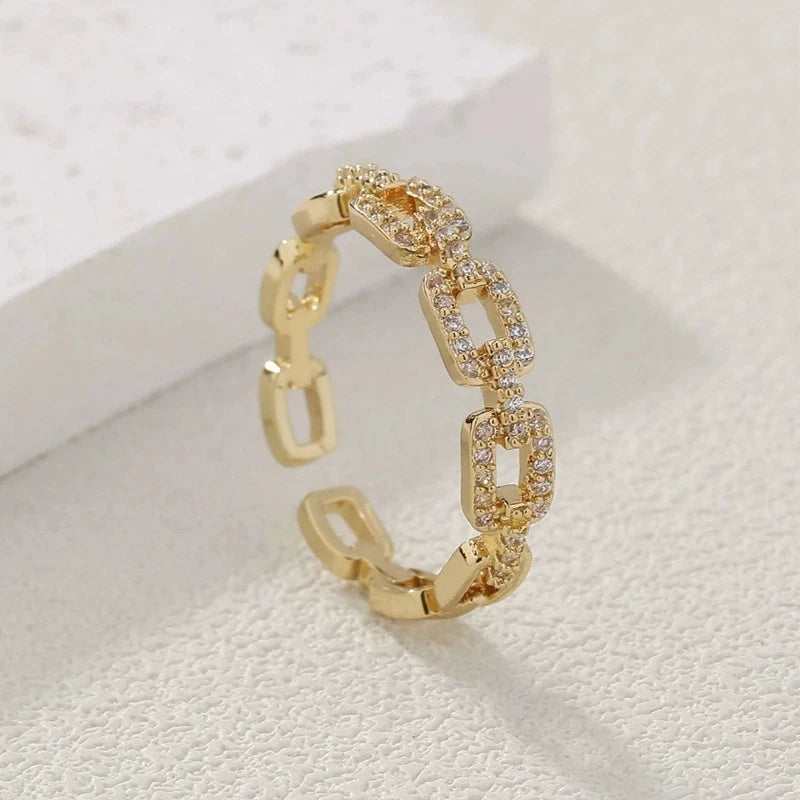 Zircon Twist Chain Open Ring – Elegant Gold & Silver Women’s Wedding Jewelry