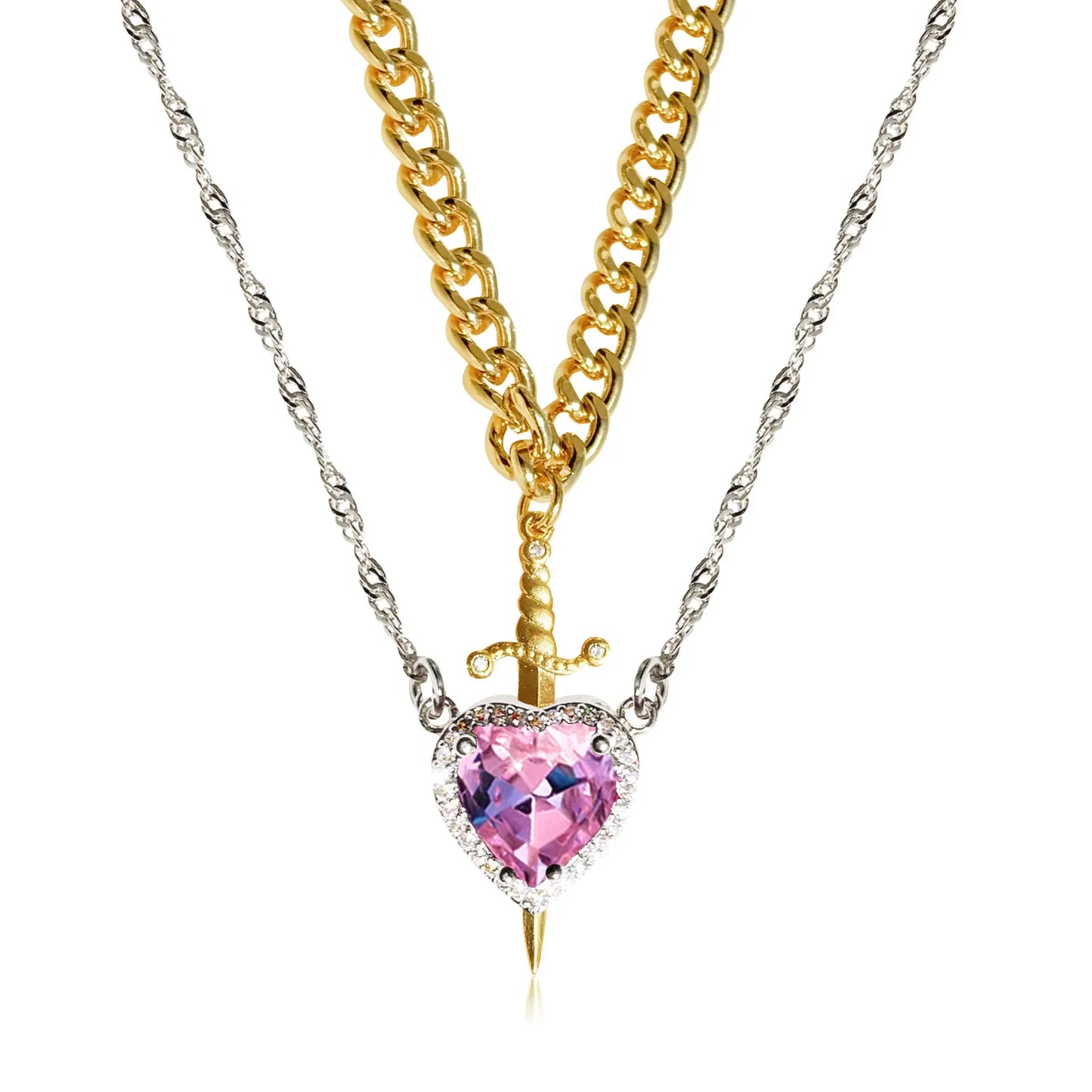 Heart & Sword Couple Necklace – 18K Gold Plated Stainless Steel Zircon Jewelry Set