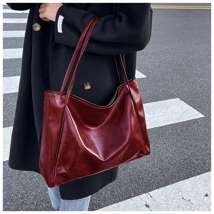 Women’s Retro PU Leather Tote – Large Soft Shoulder/Crossbody Bucket Bag