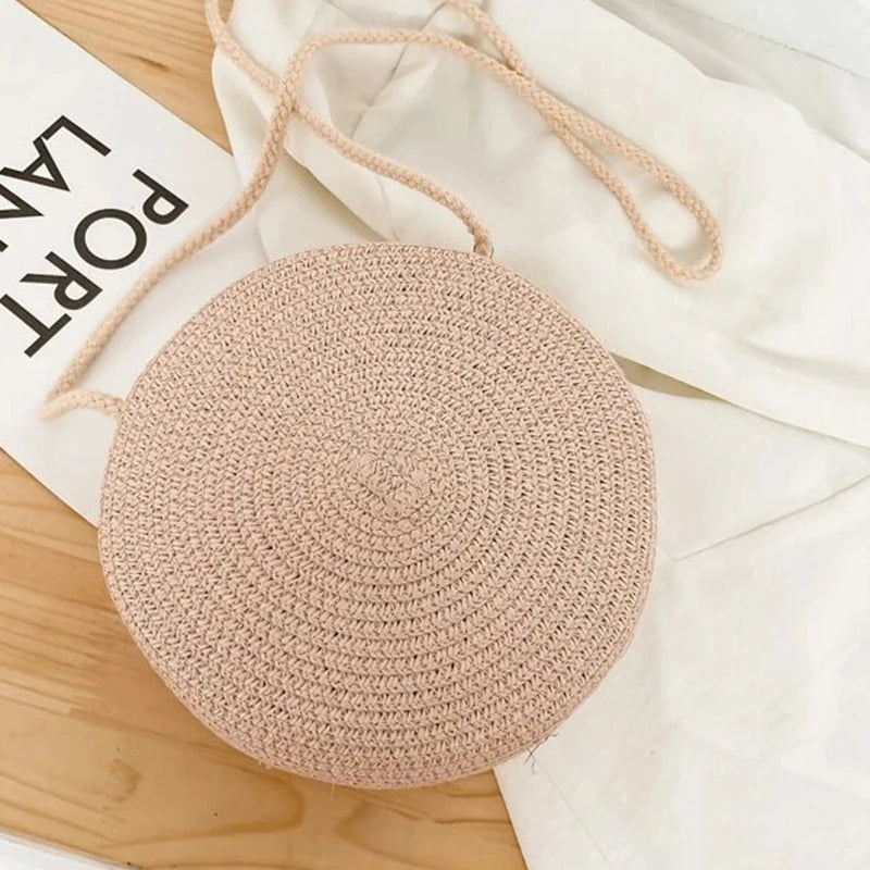 Round Straw Woven Beach Crossbody Bag – Cute Rattan Shoulder Handbag for Women