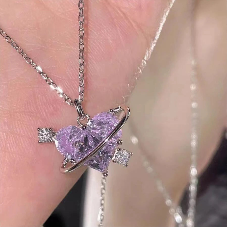 Y2K Pink Planet Heart Zircon Pendant Necklace – Aesthetic Clavicle Jewelry for Women
