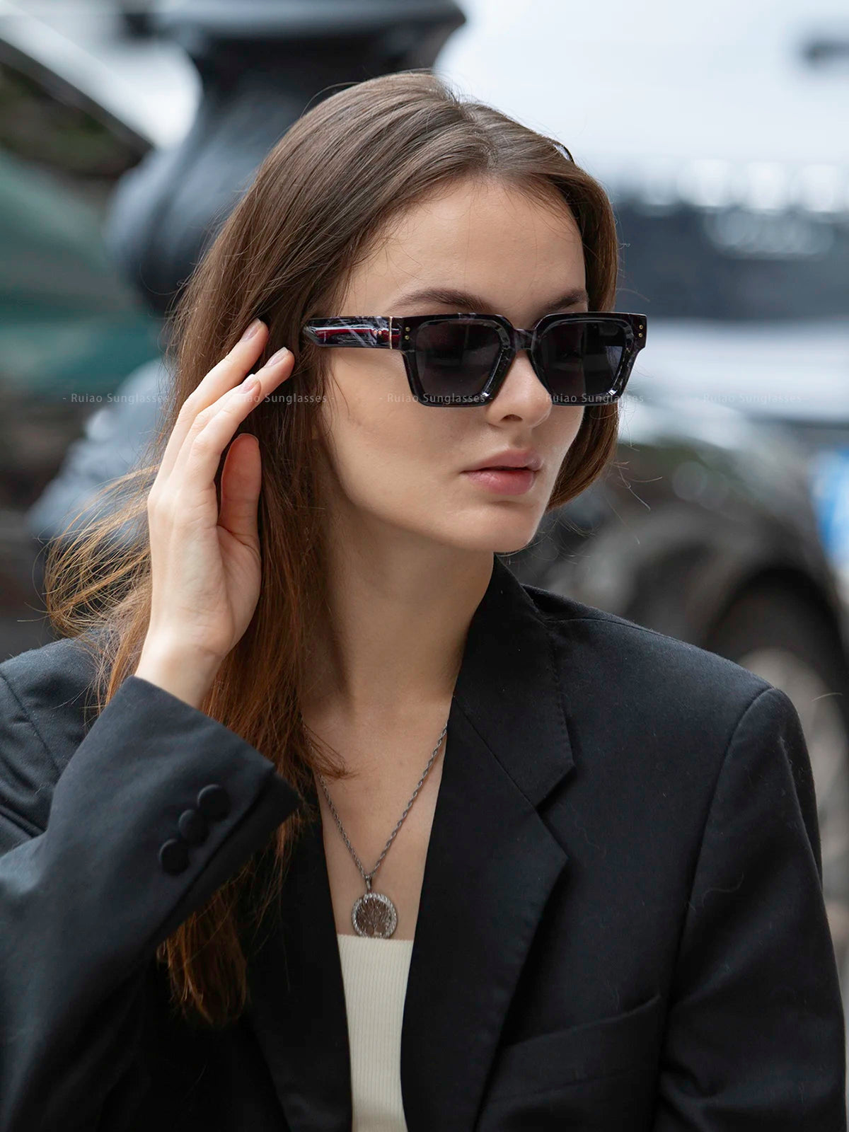 Ruiao 2025 Luxury Premium Black Designer Square Sunglasses – Unisex for Men & Women