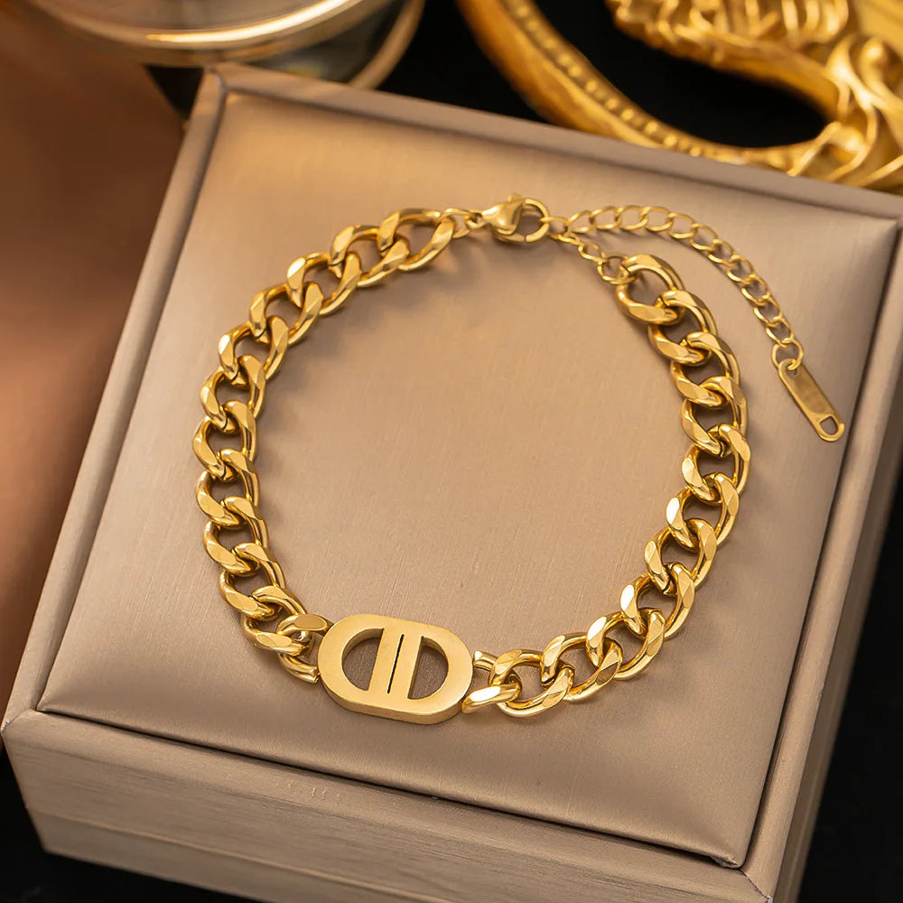 Gold Plated Stainless Steel Cuban Chain Bracelet – Waterproof Jewelry for Women