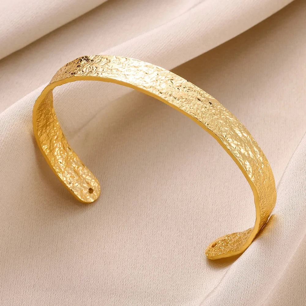 Gold Stainless Steel Cuff Bangle – Classic Bump Pattern Bracelet for Women