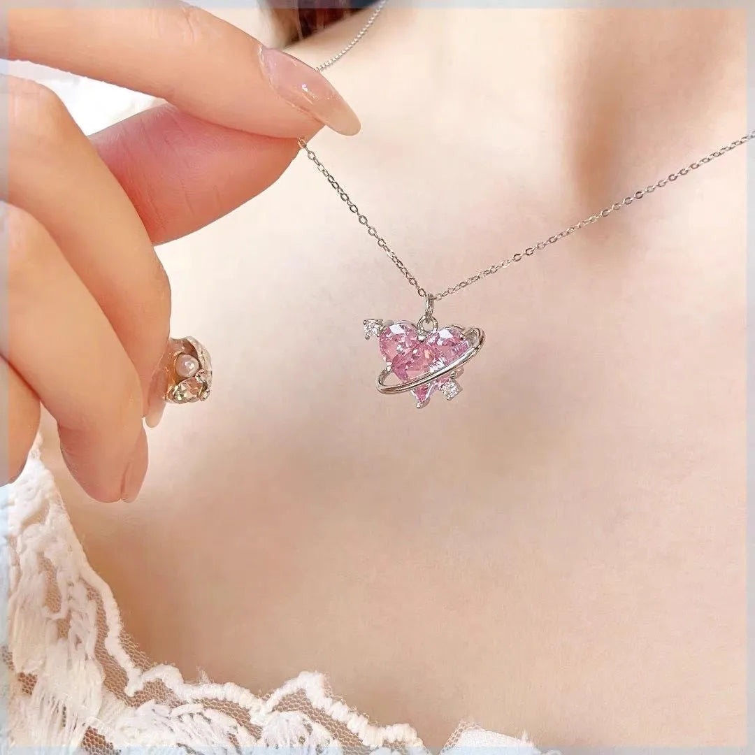 Y2K Pink Planet Heart Zircon Pendant Necklace – Aesthetic Clavicle Jewelry for Women