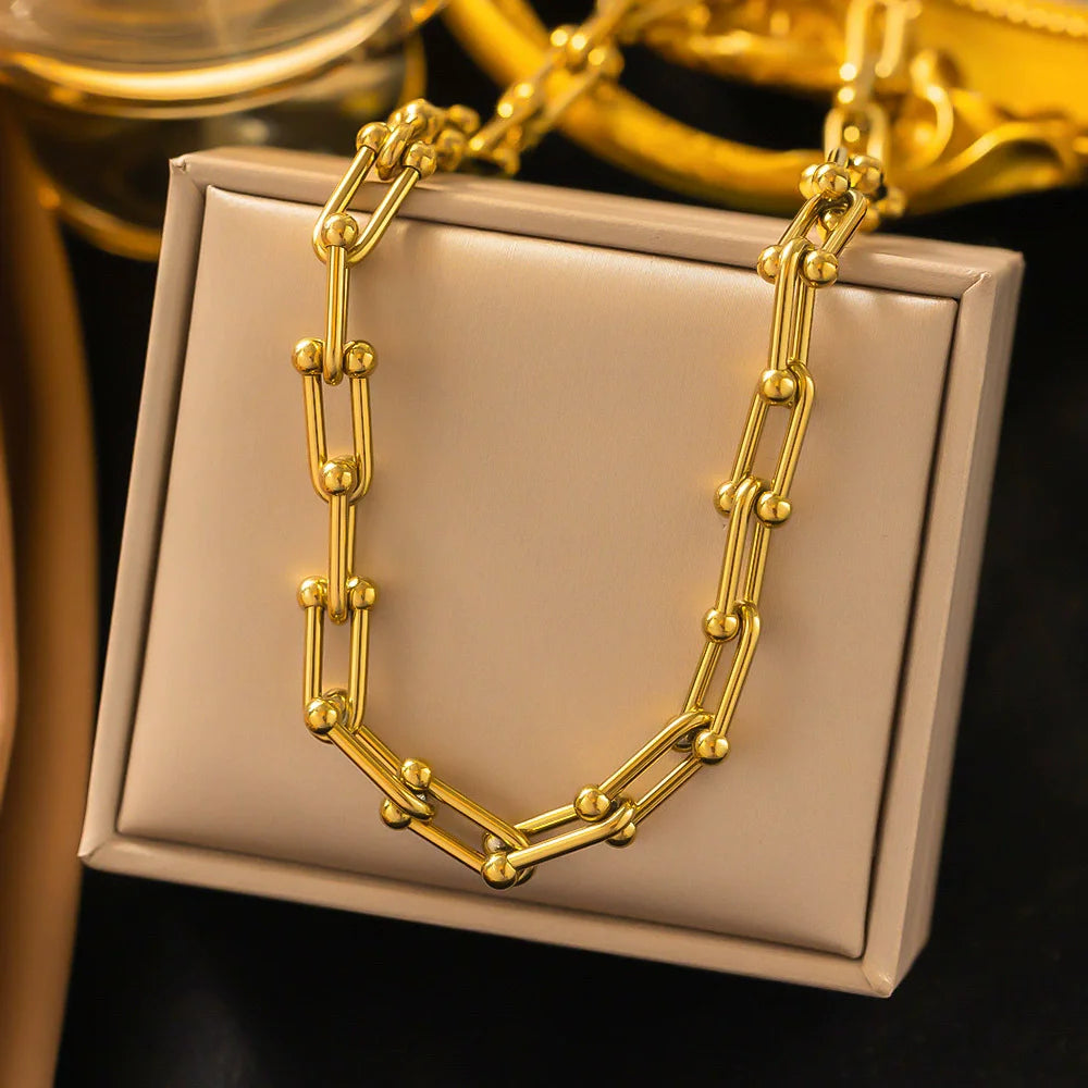 316L Stainless Steel U-Shape Thick Chain Jewelry Set – Necklace, Bracelet & Earrings for Wedding
