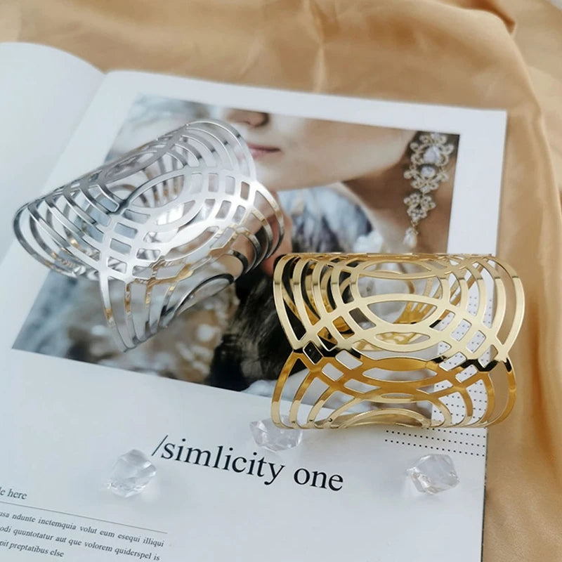 Gold Wide Cuff Bangle – Open Wire Wrap Bracelet for Women