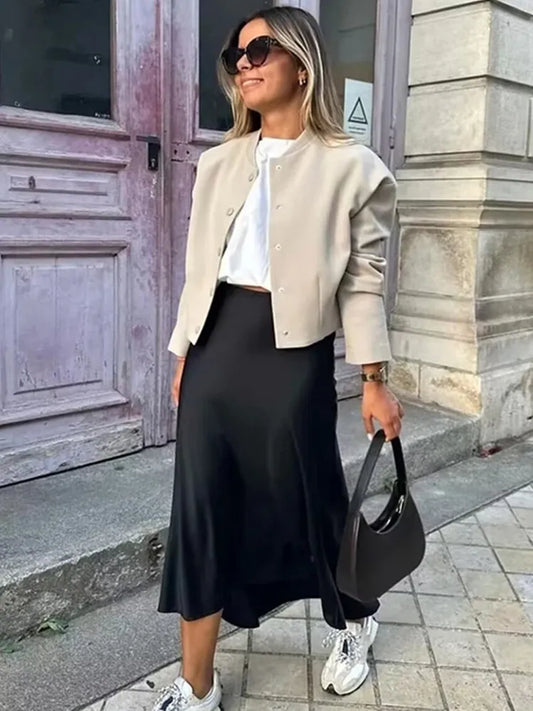 MUJER 2025 Satin High Waist Midi Skirt – Elegant Summer Office Skirt for Women