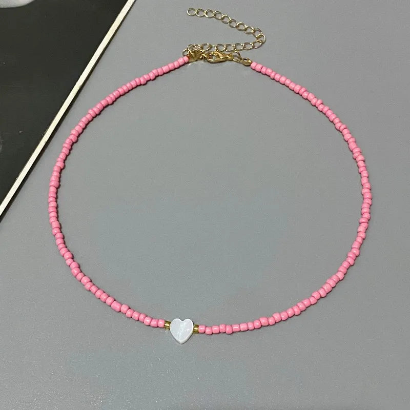 Nature Shell Love Heart Choker Necklace – Colorful Glass Beads Spring Summer Gift for Girls