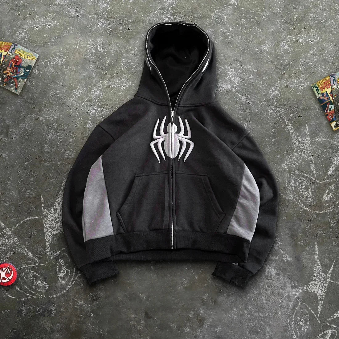 Spider Y2K Vintage Zip-Up Hoodie – Oversized Unisex Streetwear