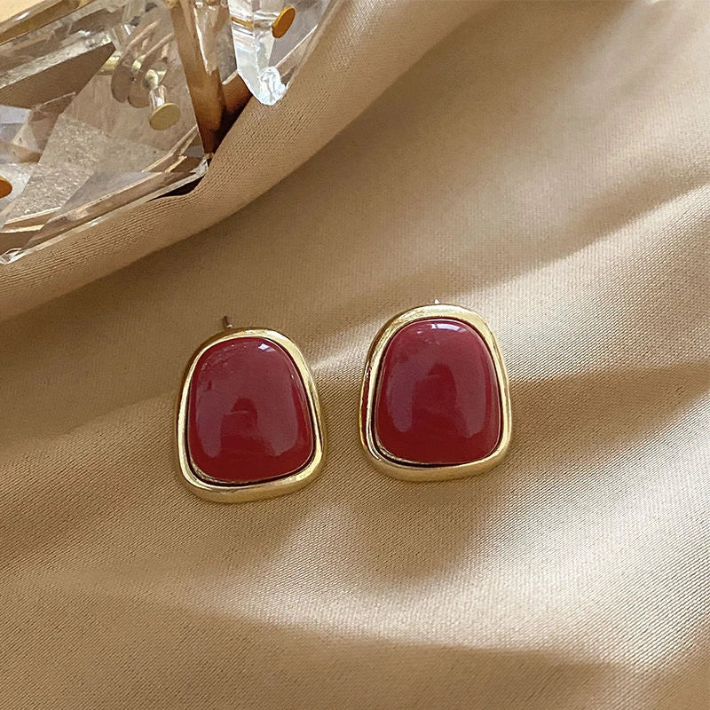 Wine Red Pearl Flower Heart Stud Earrings – Vintage Women’s Geometric Jewelry